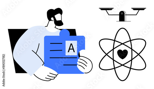Identity verification, data security, ethics, balance, personal information, critical thinking. Puzzle piece with text, scale graphic and atom model with heart symbol. Identity verification and data