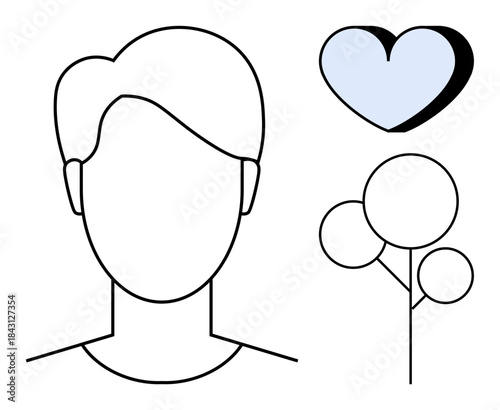 Identity concepts, emotional expression, mental health, nature , simplicity, and connection. Minimalist outline of a face, a heart and a tree. Identity and emotional expression concepts