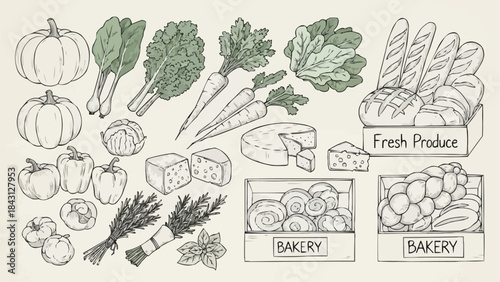 Hand Drawn Sketch of Fresh Produce and Baked Goods Assortment.