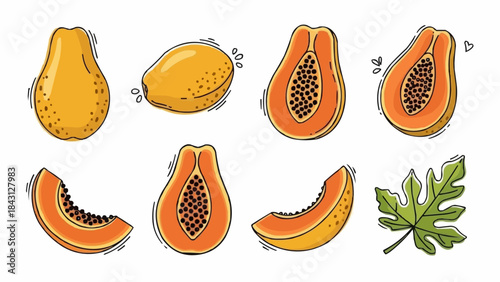 Collection of Fresh Papaya Fruits and Leaves.