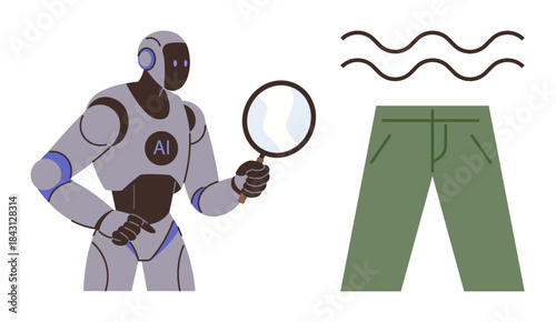 Robot with AI examines trousers using a magnifying glass, emphasizing technological precision. Ideal for quality control, innovation, fashion tech, data accuracy, automation, industry 4.0 simple