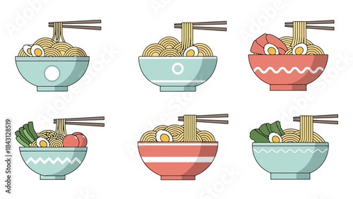Delicious Noodle Bowls with Toppings Flat Illustration Set