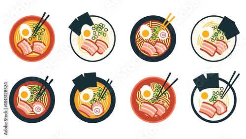 Collection of Delicious Noodle Soup Bowls with Chopsticks Top Down View