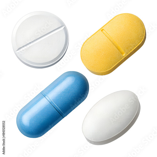 Assorted Pills and Tablets in Various Shapes and Colors on White Background