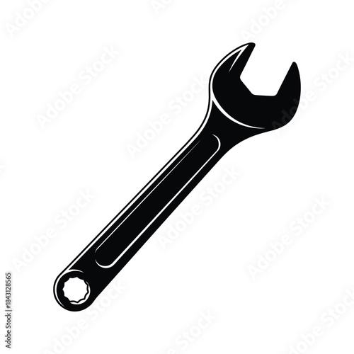 Black and white illustration of a single openend wrench isolated on