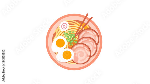 Delicious Bowl of Noodles with Eggs and Meat Asian Cuisine Illustration