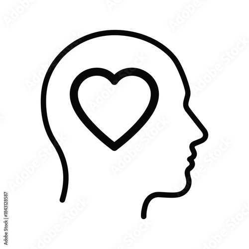 Outline icon of human head profile with heart shape inside representing love or emotion