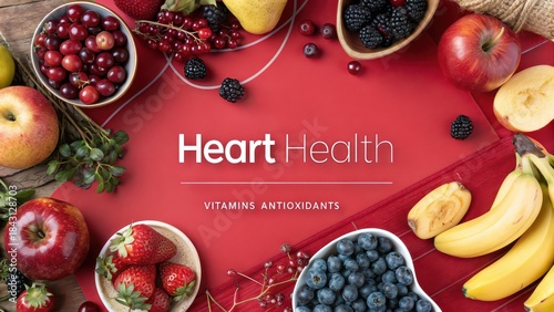 Plakat Heart health concept with fresh fruits on red background including apples, bananas, berries, cranberries, and blueberries, source of antioxidants, vitamins, healthy eating, heart care poster