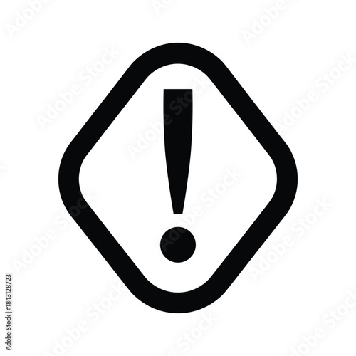 Black and white warning sign icon with exclamation mark inside a rounded diamond shape