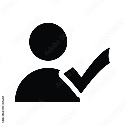 Black and white icon representing a verified user profile or successful registration isolated on
