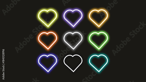 neon heart, glowing heart, neon light, vibrant, outline, love, heart symbol, valentine, glowing outline, dark background, electric, futuristic, set, collection, design elements, romantic, purple, yell
