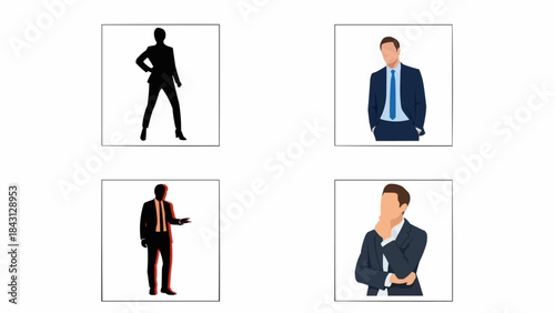 Four diverse business people in suits showcasing different poses and styles.