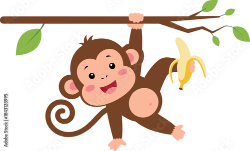 Cute Cartoon Monkey Character Hanging from a Tree Branch and Happily Eating a Banana Vector for Kids' Content and Jungle Themes.