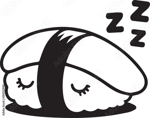Whimsical sleeping sushi graphic, a sweet and serene design ideal for cute food-themed merchandise and charming gift items