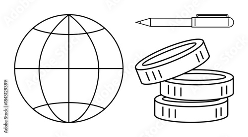 Global economy, finance, digital transactions, market globalization, online business, trade . Outline of a globe, coins and pen. Global economy and finance concept