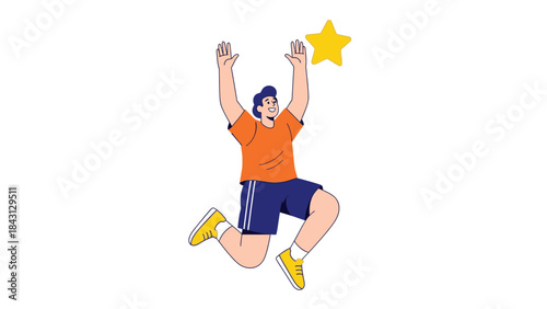 Happy person jumping to reach a star showing success, achievement, and positive feelings too