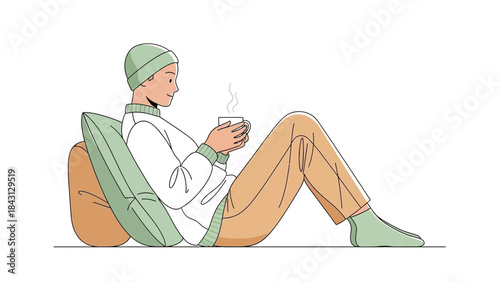 Illustration of a person relaxing and enjoying a hot beverage in a cozy indoor setting