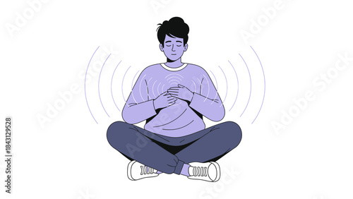 Meditating person in lotus position radiating energy illustrated in a modern flat design