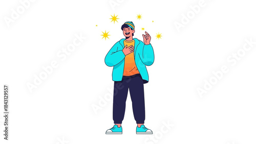 Illustration of a happy man feeling good and surrounded by star like elements