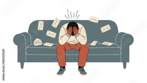 Illustration depicting stress, overwhelm, anxiety with a person overwhelmed by mail and on a grey