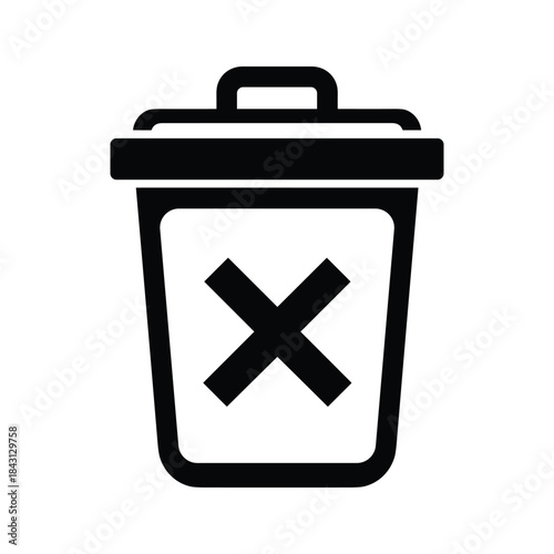 Black trash can icon with a cross symbol inside, isolated on
