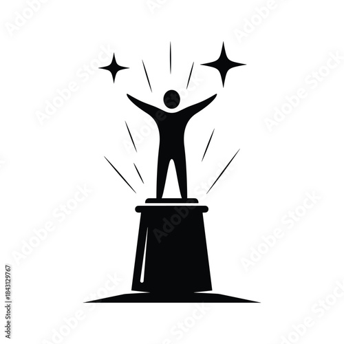 Silhouette of a person standing on a pedestal with arms raised, isolated on