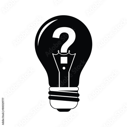 Black and white illustration of a light bulb with a question mark inside