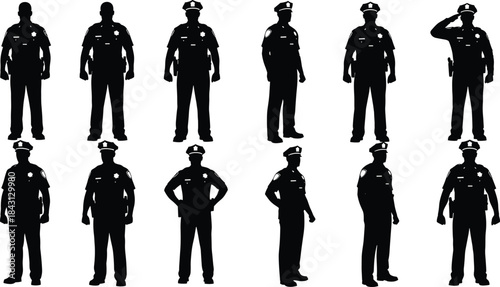 Police Officer Silhouette Set in Different Poses, Law Enforcement and Public Safety Professionals, Security Guard Uniformed Man Vector Graphic Collection