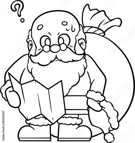 Lost Santa Claus Cartoon Outline Coloring Page for Kids, Cute Chibi Christmas Printable Vector