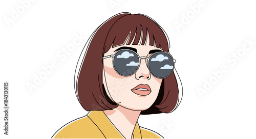 Stylish woman with bob haircut wearing reflective sunglasses with clouds reflection