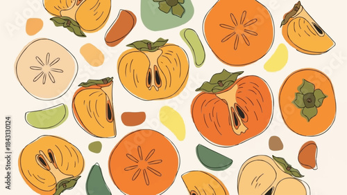 Vibrant Assortment of Fresh Persimmons in Various Slices and Halves.