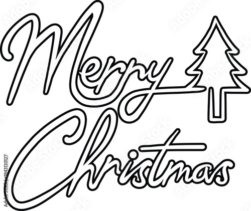 Merry Christmas Lettering Outline with Christmas Tree, Script Coloring Page or Printable Vector for Kids and Holiday Crafts