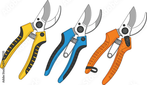 Realistic vector illustration set of three sharp gardening pruning shears in yellow, blue, and orange for themes of landscaping, trimming, agriculture, and garden tools.Realistic vector illustration s