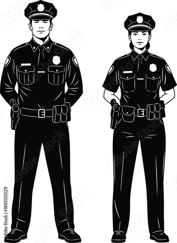 Police officers illustration, black and white drawing, law enforcement uniform, standing pose, detailed line art, patrol team, security personnel vector