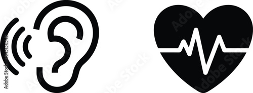 Simple black vector icons for medical and health monitoring, featuring a human ear with sound waves and a heart shape with an ECG heartbeat line for vital sign concepts.Simple black vector icons for m