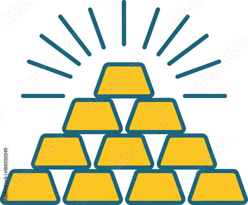 Simple flat design vector illustration of a shining pyramid stack of ten gold bars or ingots, symbolizing wealth, treasure, investment, and financial success concepts.Simple flat design vector illustr
