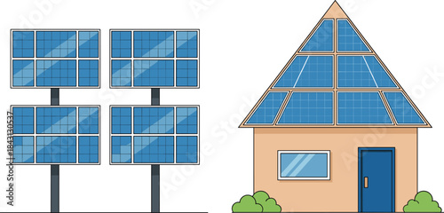 Flat Line Art Vector of House and Ground-Mounted Solar Energy Panels for Renewable Power Technology and Sustainable Living Concepts.