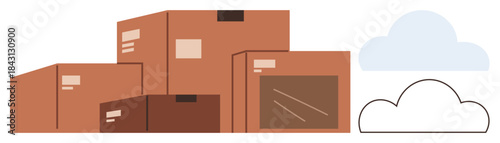 Group of cardboard boxes stacked together, accompanied by cloud shapes, implying storage, shipping, logistics, organization, e-commerce, delivery and supply chain. Simple flat metaphor