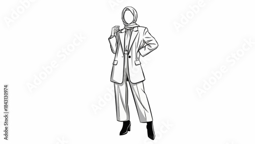 Elegant Muslim Woman in Stylish Business Attire Sketch.
