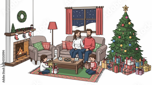 Family Celebrating Christmas Together in Cozy Living Room.