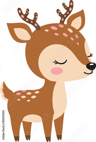 Adorable flat vector illustration of a sweet baby fawn or deer with pink spotted antlers, closed eyes, and a charming expression, perfect for nature and children's themes.Adorable flat vector illustra