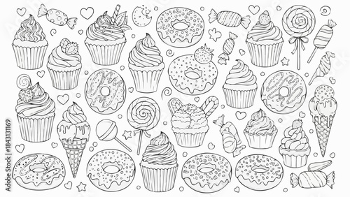 Collection of Delicious Desserts and Sweets Hand Drawn Illustration.