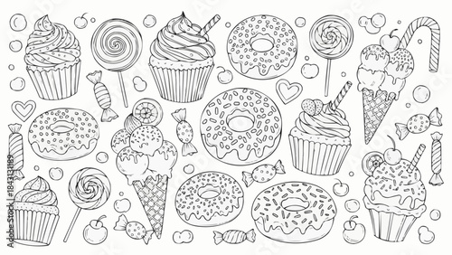 Collection of Delicious Desserts and Sweets Hand Drawn Illustration.
