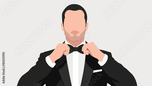 Man in Tuxedo Adjusting Bow Tie Formal Attire.