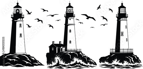 Set of Lighthouse Silhouettes on Rock Island Coastline, Beacon Structure with Seagulls Flying Over Crashing Ocean Waves Vector Graphic