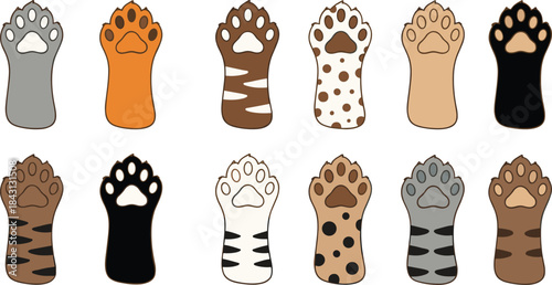 Adorable vector collection of cat paw prints and feet in various colors and patterns including tiger stripes, spots, and solid colors for pet and animal designs.Adorable vector collection of cat paw p