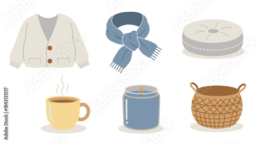 Cozy Comforts Collection: An array of comforting items arranged in an inviting composition. The set includes a sweater, scarf, cushion, mug, candle and basket. Evoking warmth.