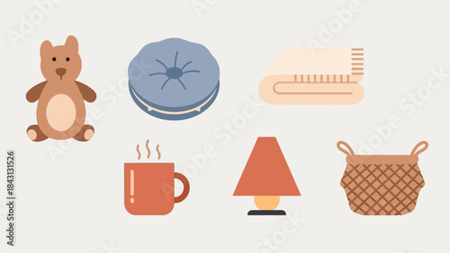 Cozy Comforts Illustration: A charming flat illustration of comforting items. Items include a teddy bear, pillow, folded blanket, mug with steam, lamp and basket.
