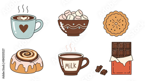 Cozy Comforts: An artistic illustration features a collection of tempting treats and warm beverages. Capturing the essence of cozy delight, these delightful items invite to embrace the warmth.