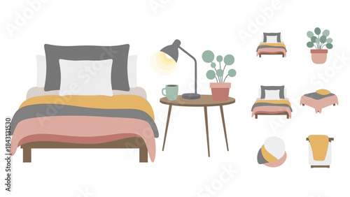 Cozy Bedroom: An inviting illustration of a well-appointed bedroom interior featuring a bed, side table, lamp, and potted plant, along with additional design elements.